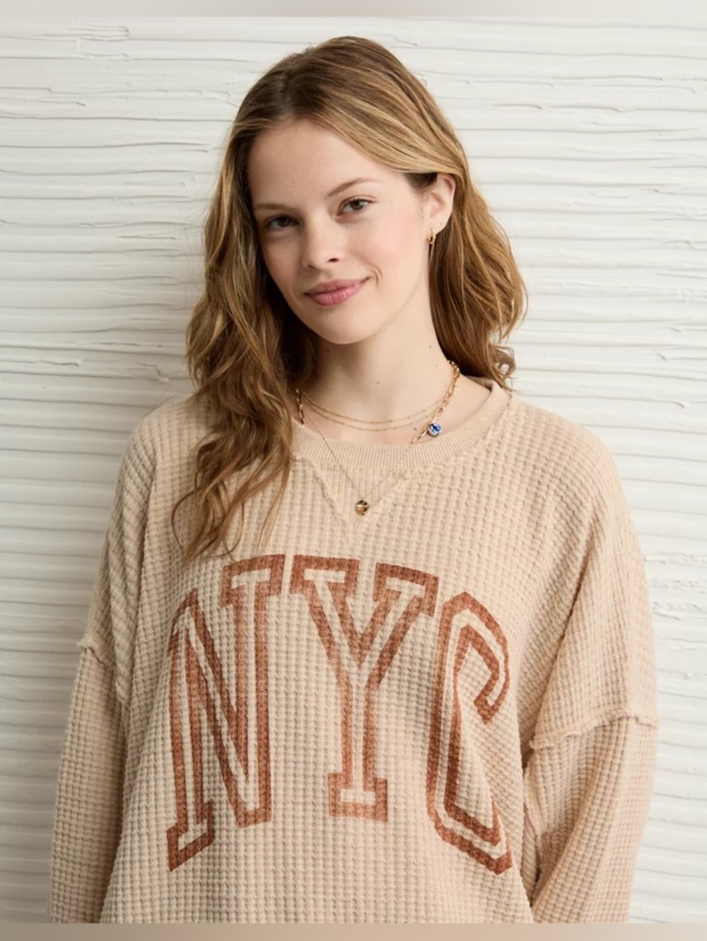 American Eagle Outfitters Beige Waffle-Knit 'NYC' Sweatshirt with Rust Graphic
